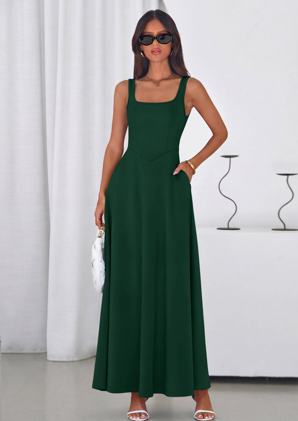 PRETTYGARDEN Womens Summer Dresses Sleeveless Elegant Square Neck Aline Swing Maxi Beach Wedding Guest Dress Pockets