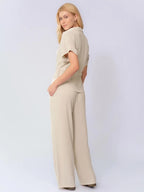 Two-Piece Set Women's Solid Versatile Minimalist Collared Top & Wide Leg Trousers