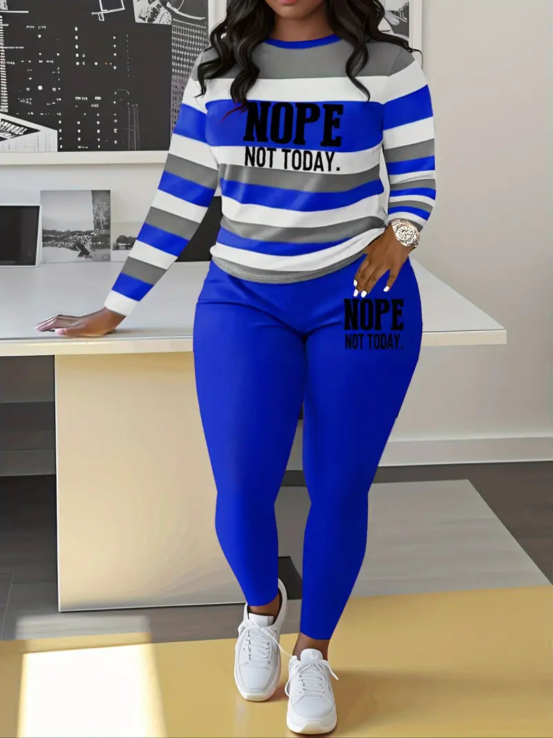 Two-piece Set Women's Striped and Letter Print Tee & Elastic Waist Pants