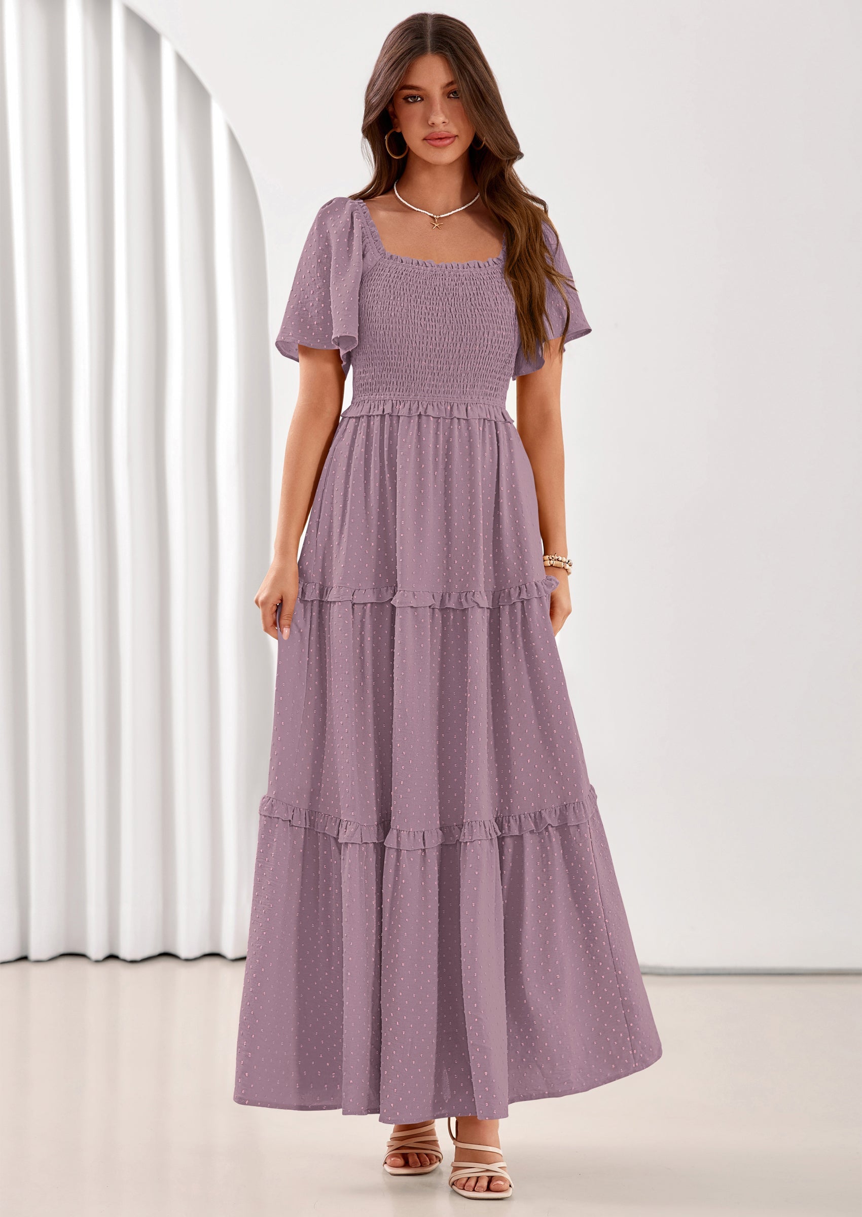 PRETTYGARDEN Summer Dresses for Women Boho Swiss Dot Smocked Square Neck Short Sleeve Spring Wedding Guest Maxi Dress