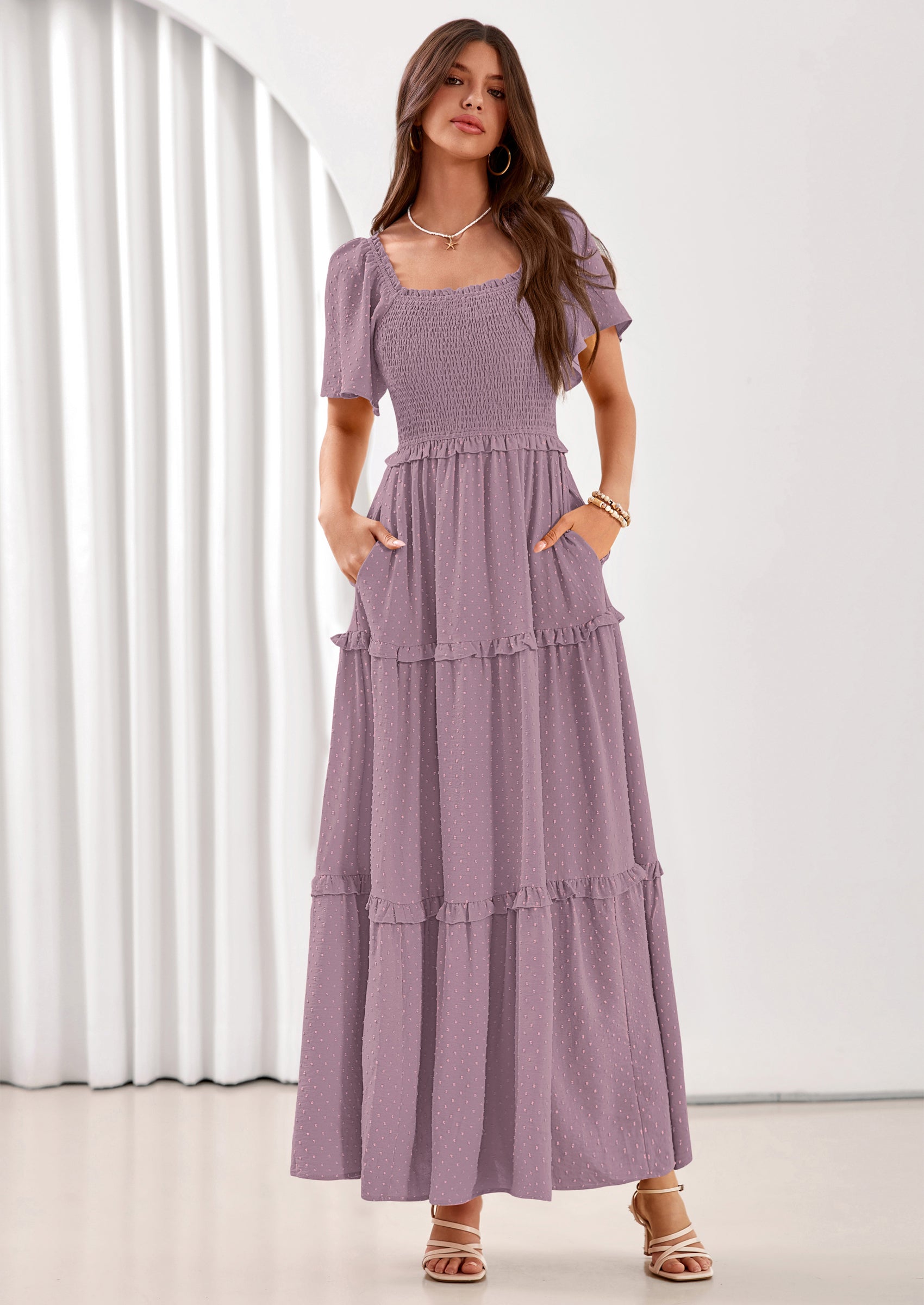 PRETTYGARDEN Summer Dresses for Women Boho Swiss Dot Smocked Square Neck Short Sleeve Spring Wedding Guest Maxi Dress