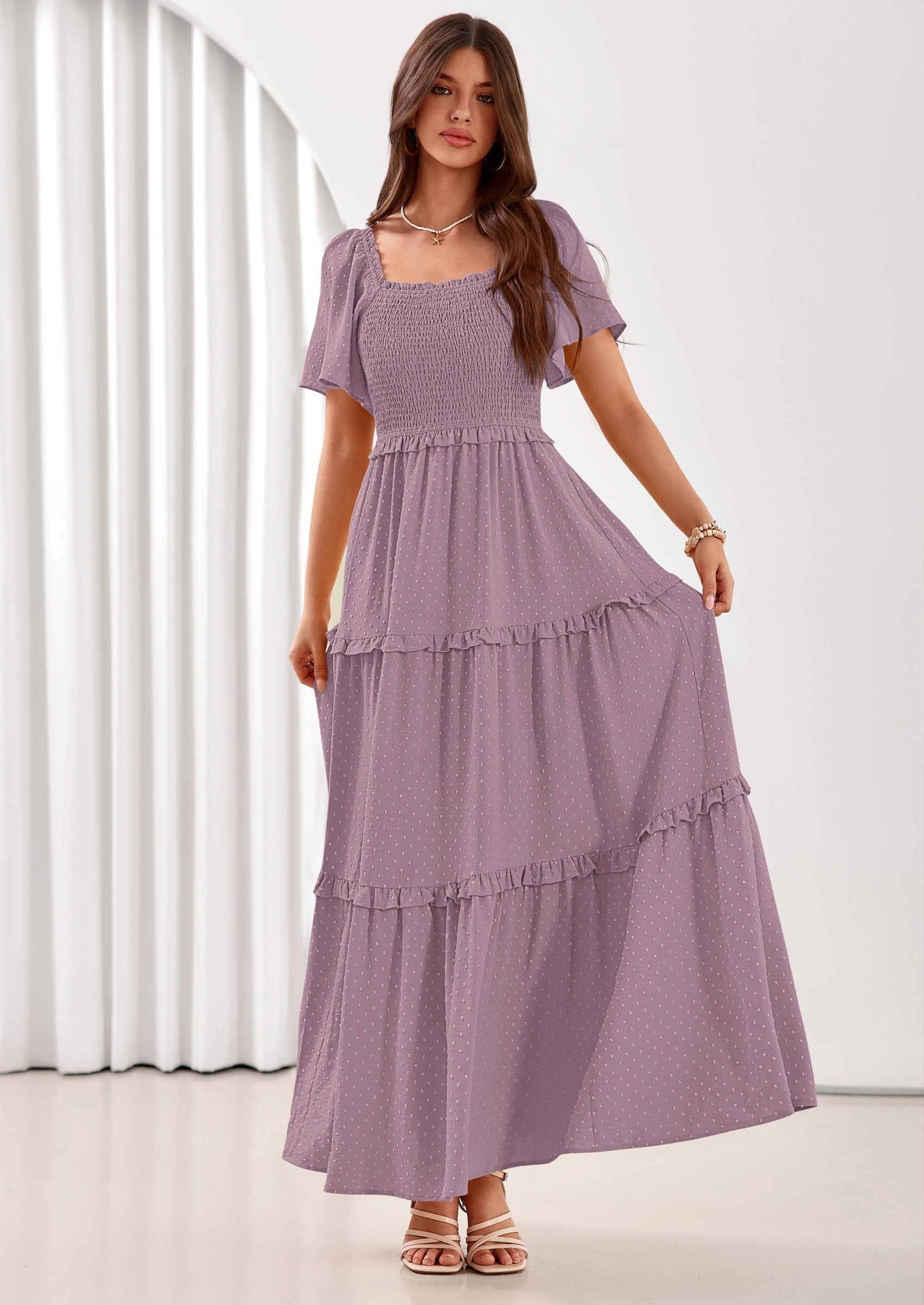 PRETTYGARDEN Summer Dresses for Women Boho Swiss Dot Smocked Square Neck Short Sleeve Spring Wedding Guest Maxi Dress