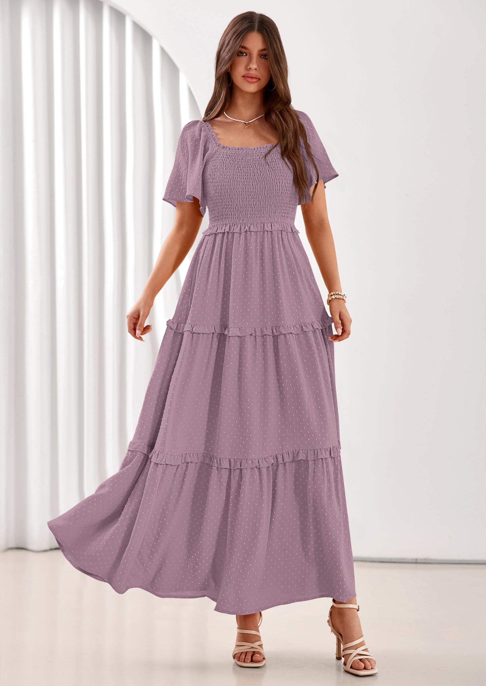 PRETTYGARDEN Summer Dresses for Women Boho Swiss Dot Smocked Square Neck Short Sleeve Spring Wedding Guest Maxi Dress