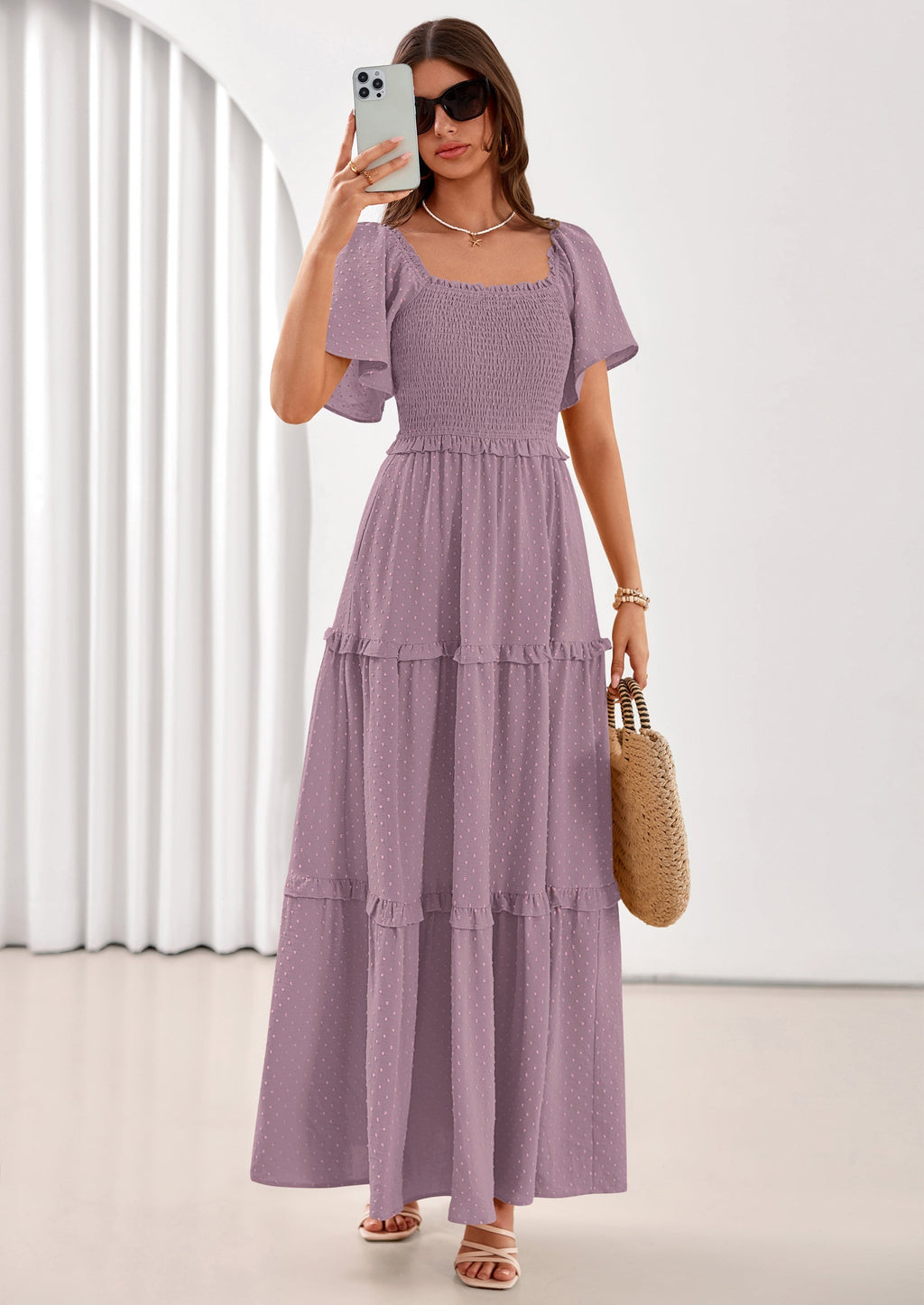 PRETTYGARDEN Summer Dresses for Women Boho Swiss Dot Smocked Square Neck Short Sleeve Spring Wedding Guest Maxi Dress