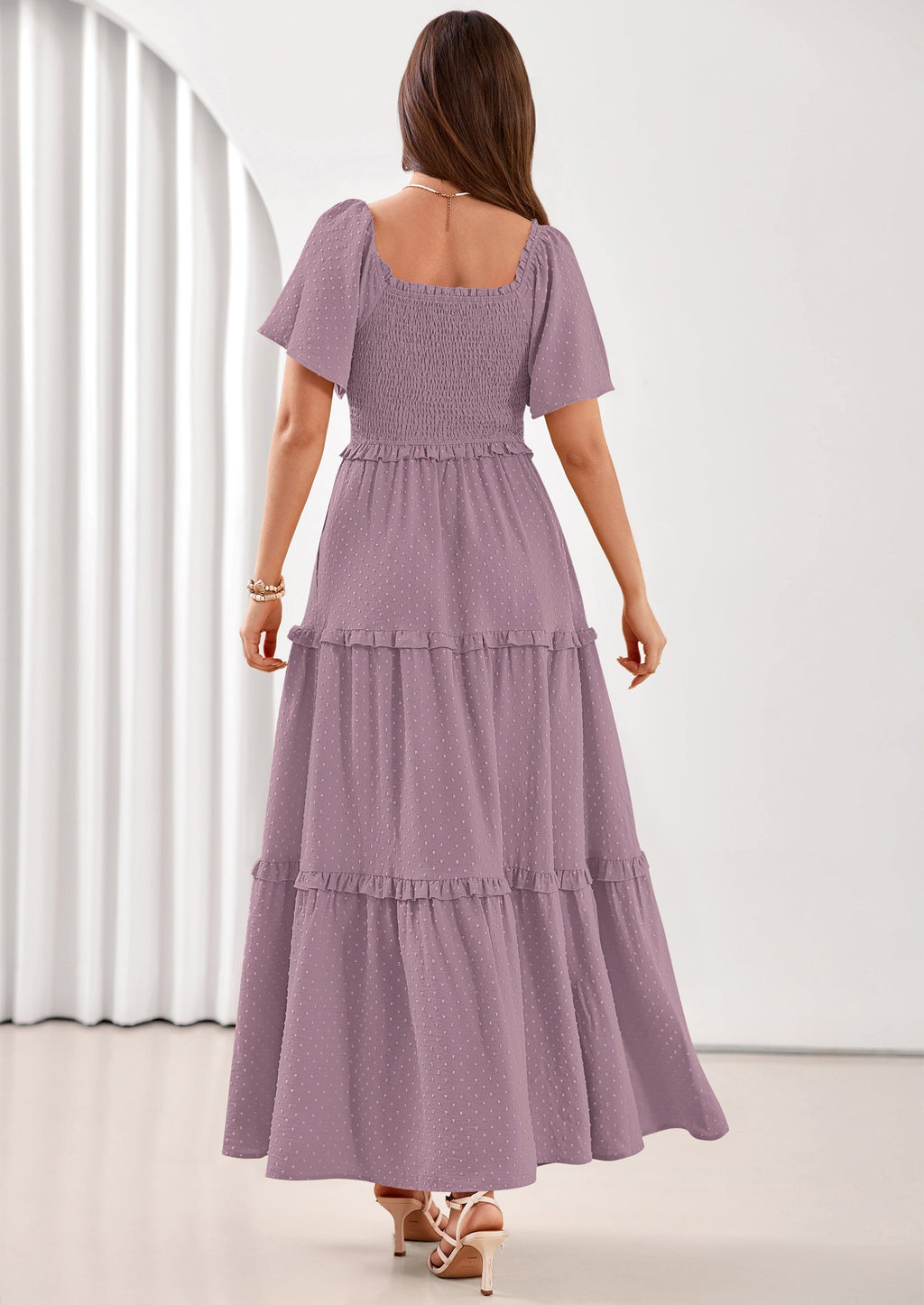 PRETTYGARDEN Summer Dresses for Women Boho Swiss Dot Smocked Square Neck Short Sleeve Spring Wedding Guest Maxi Dress