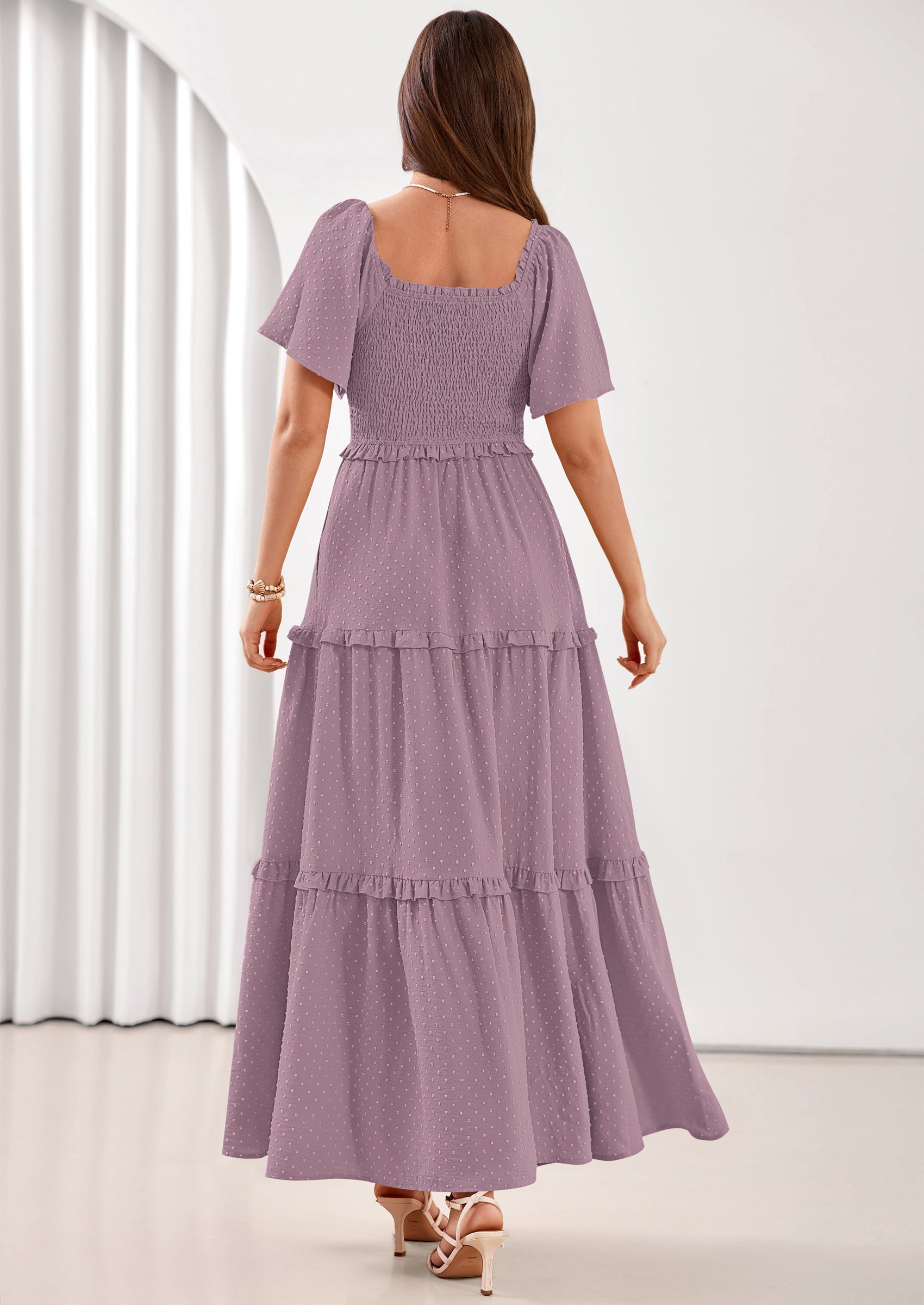 PRETTYGARDEN Summer Dresses for Women Boho Swiss Dot Smocked Square Neck Short Sleeve Spring Wedding Guest Maxi Dress