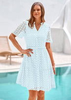 PRETTYGARDEN Women's Short Sleeve Mini Dress Summer V Neck Hollow Out Eyelet Ruffle A Line Swing Short Dresses