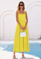 PRETTYGARDEN Womens Sleeveless Maxi Summer Dresses Hollow Out Eyelet Square Neck Ruffle Flowy Beach Vacation Sundress