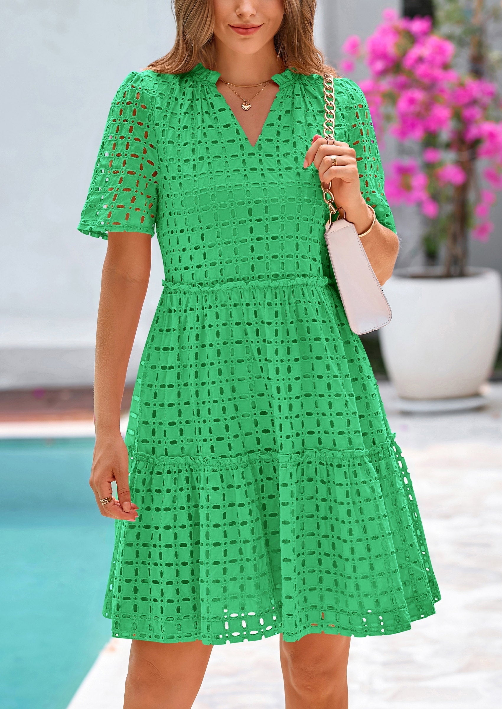 PRETTYGARDEN Women's Short Sleeve Mini Dress Summer V Neck Hollow Out Eyelet Ruffle A Line Swing Short Dresses