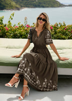 PRETTYGARDEN Women's Summer Boho Maxi Dress Spring Floral Short Sleeve V Neck A Line Flowy Beach Wedding Guest Dresses