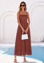 PRETTYGARDEN Womens Sleeveless Maxi Summer Dresses Hollow Out Eyelet Square Neck Ruffle Flowy Beach Vacation Sundress