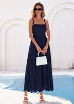 PRETTYGARDEN Womens Sleeveless Maxi Summer Dresses Hollow Out Eyelet Square Neck Ruffle Flowy Beach Vacation Sundress