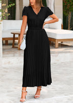 PRETTYGARDEN Women's Maxi Dresses Summer Trendy Cap Short Sleeve Button V Neck Casual Flowy Pleated Long Dress