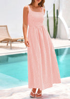 PRETTYGARDEN Women's Summer Spaghetti Strap Maxi Dresses Plaid Square Neck A Line Casual Beach Vacation Long Sundress
