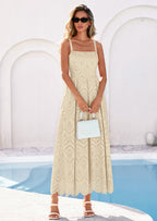 PRETTYGARDEN Womens Sleeveless Maxi Summer Dresses Hollow Out Eyelet Square Neck Ruffle Flowy Beach Vacation Sundress