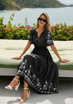 PRETTYGARDEN Women's Summer Boho Maxi Dress Spring Floral Short Sleeve V Neck A Line Flowy Beach Wedding Guest Dresses