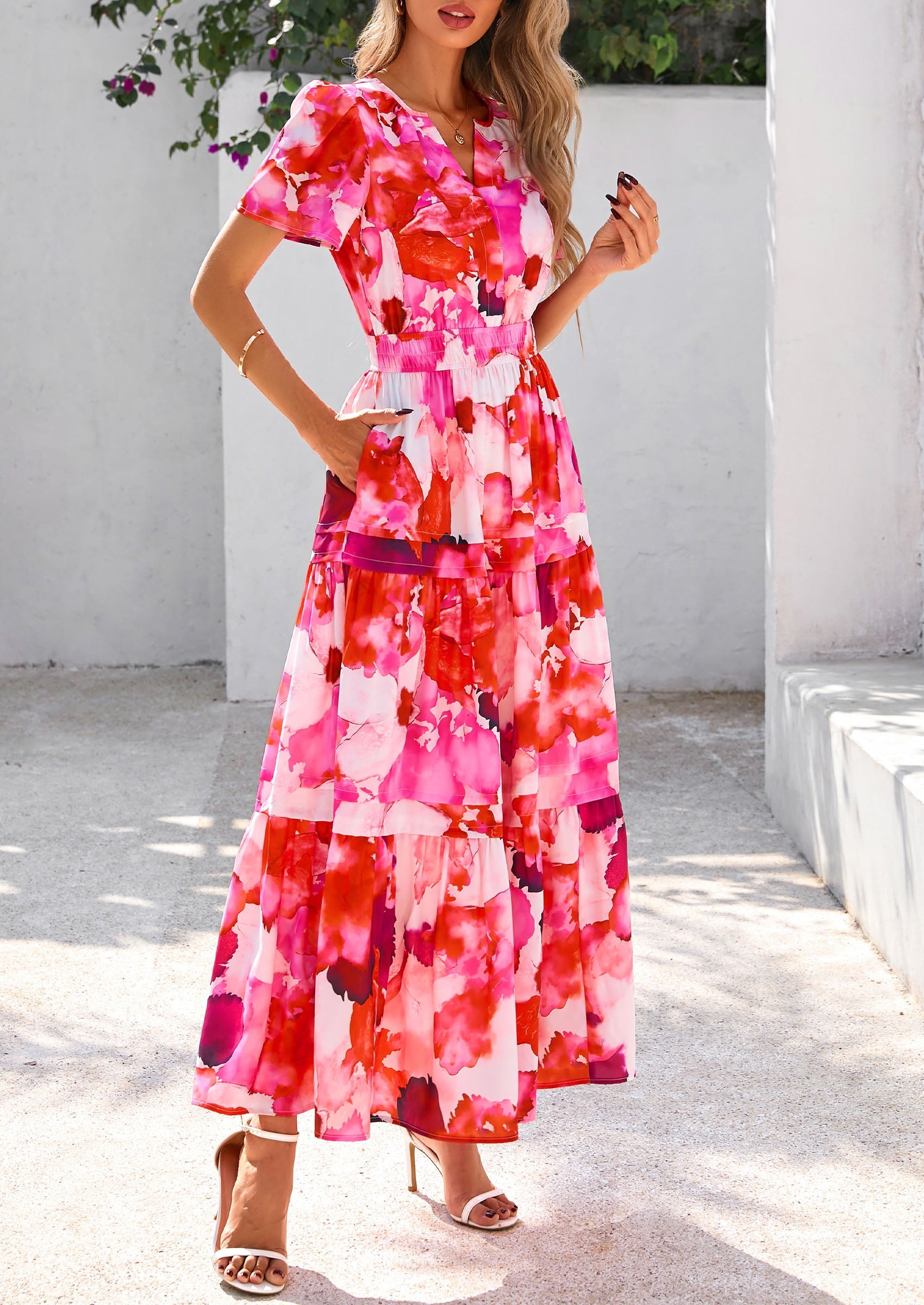 PRETTYGARDEN Women's Boho Maxi Dresses Floral Short Sleeve V Neck A Line Tiered Flowy Long Beach Vacation Dress