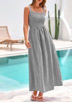 PRETTYGARDEN Women's Summer Spaghetti Strap Maxi Dresses Plaid Square Neck A Line Casual Beach Vacation Long Sundress