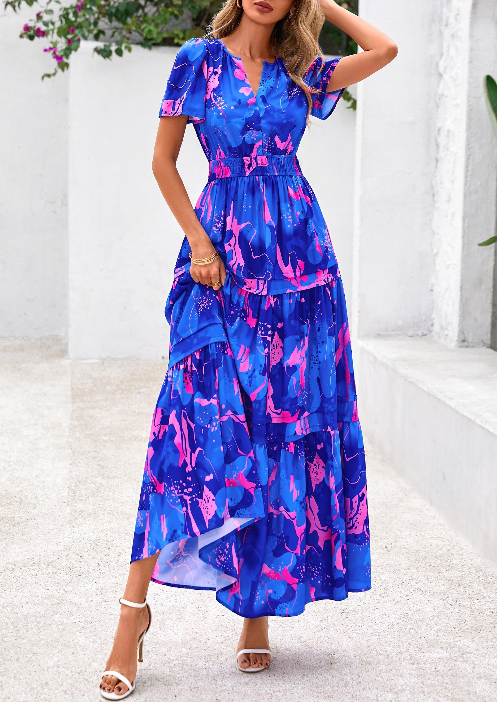 PRETTYGARDEN Women's Boho Maxi Dresses Floral Short Sleeve V Neck A Line Tiered Flowy Long Beach Vacation Dress