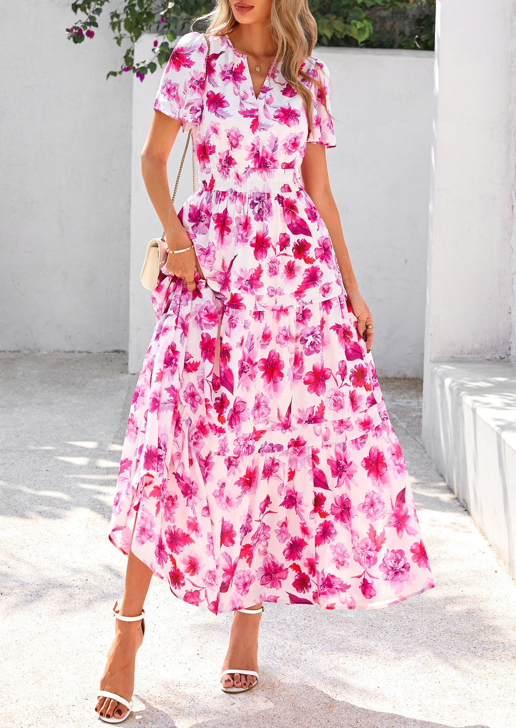 PRETTYGARDEN Women's Boho Maxi Dresses Floral Short Sleeve V Neck A Line Tiered Flowy Long Beach Vacation Dress