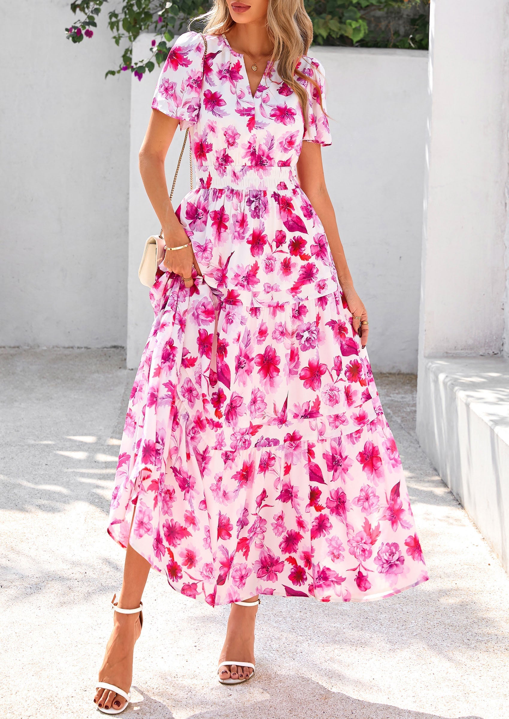 PRETTYGARDEN Women's Boho Maxi Dresses Floral Short Sleeve V Neck A Line Tiered Flowy Long Beach Vacation Dress