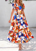 PRETTYGARDEN Women's Boho Maxi Dresses Floral Short Sleeve V Neck A Line Tiered Flowy Long Beach Vacation Dress