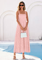 PRETTYGARDEN Womens Sleeveless Maxi Summer Dresses Hollow Out Eyelet Square Neck Ruffle Flowy Beach Vacation Sundress
