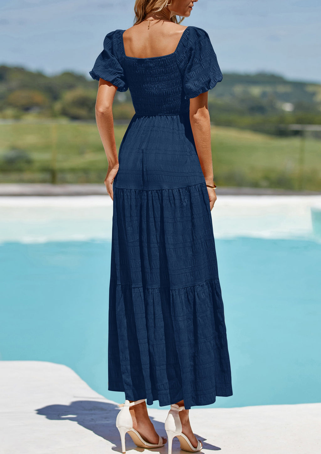 PRETTYGARDEN Womens Summer Puff Short Sleeve Maxi Dress Square Neck Smocked Tiered Ruffle A Line Long Flowy Beach Dresses