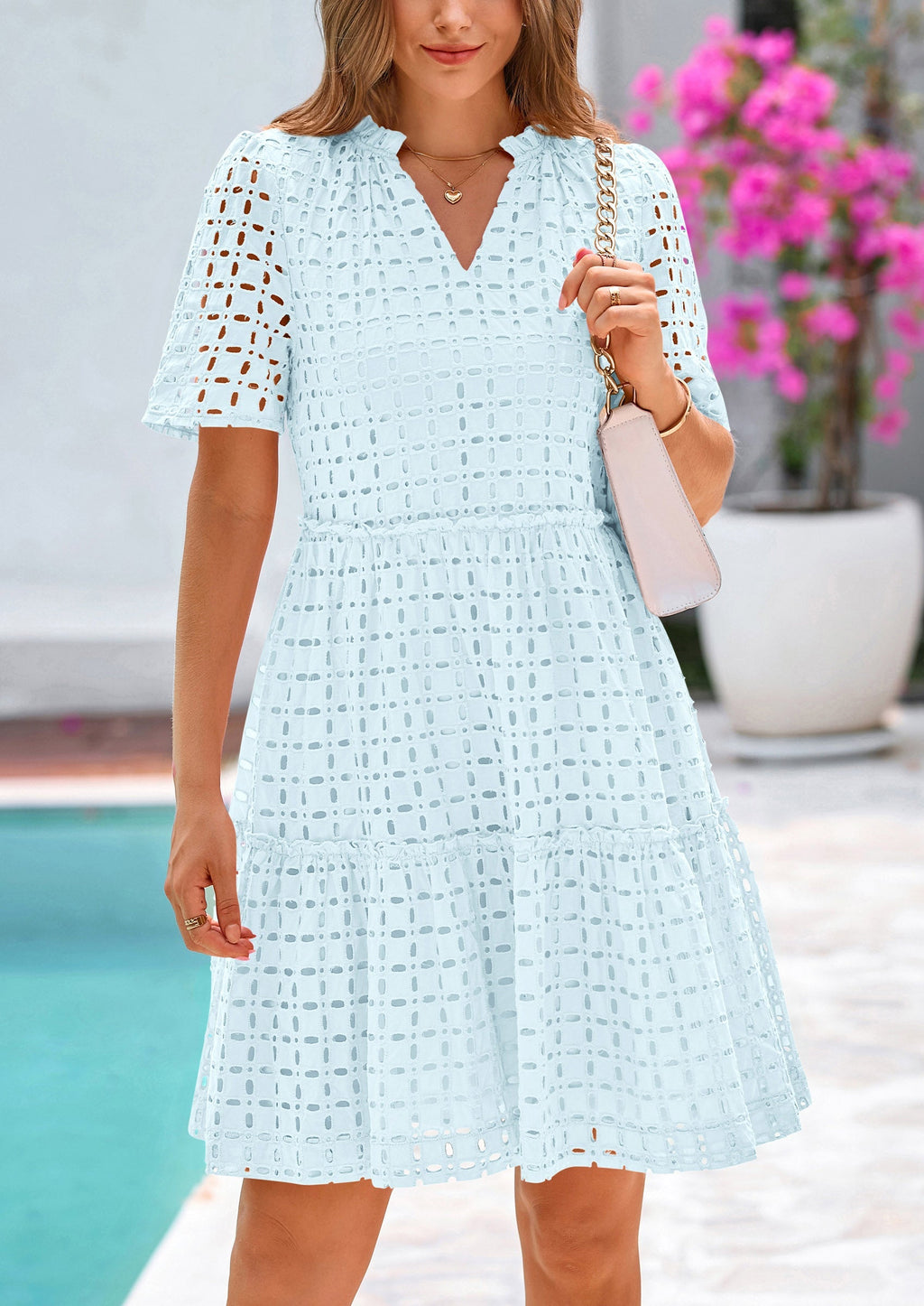 PRETTYGARDEN Women's Short Sleeve Mini Dress Summer V Neck Hollow Out Eyelet Ruffle A Line Swing Short Dresses