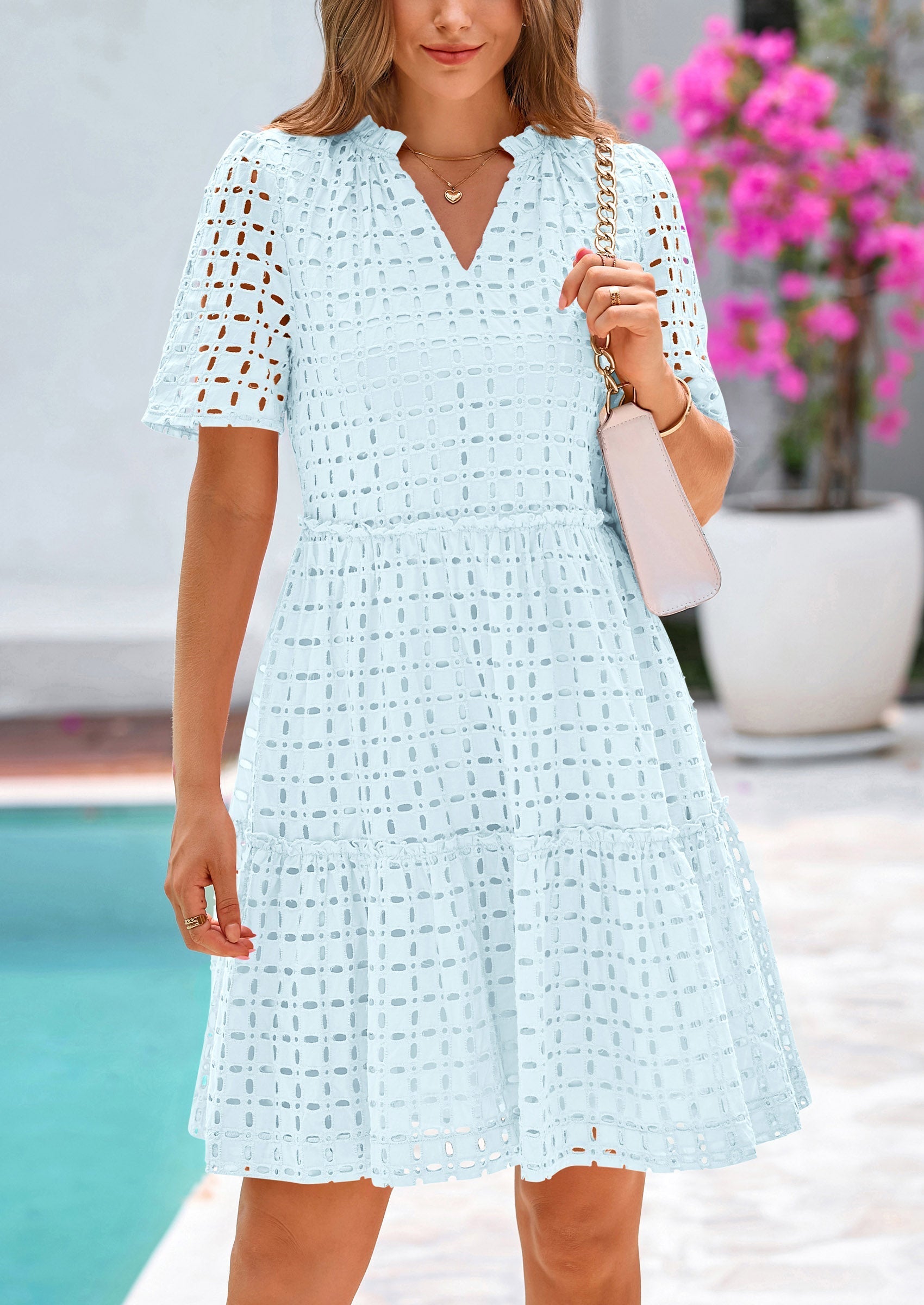 PRETTYGARDEN Women's Short Sleeve Mini Dress Summer V Neck Hollow Out Eyelet Ruffle A Line Swing Short Dresses