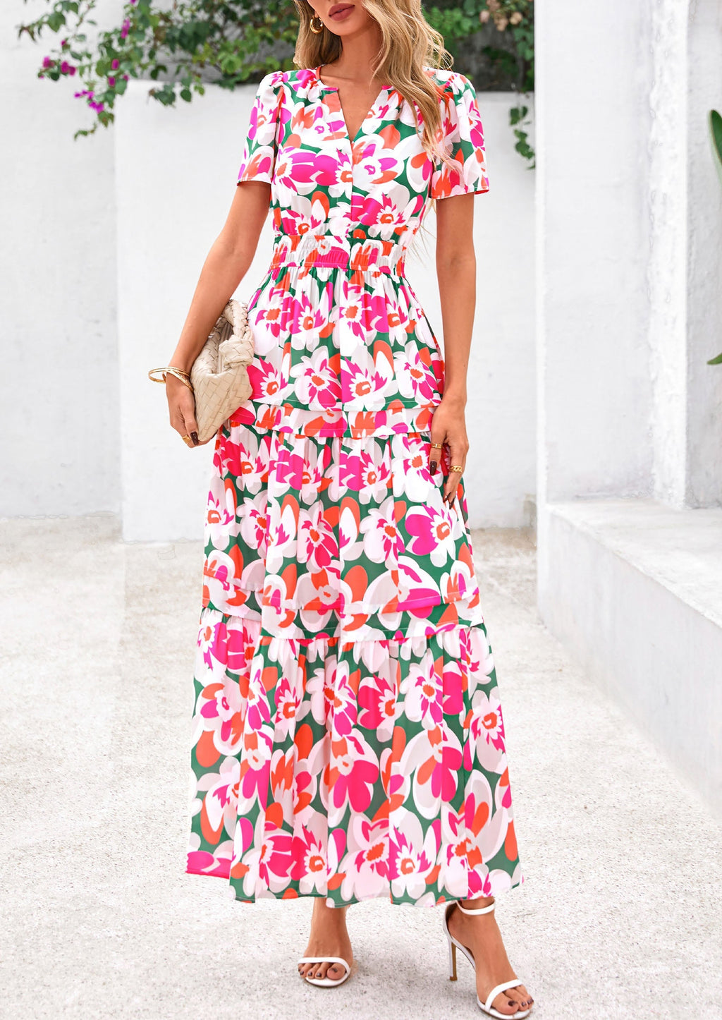 PRETTYGARDEN Women's Boho Maxi Dresses Floral Short Sleeve V Neck A Line Tiered Flowy Long Beach Vacation Dress