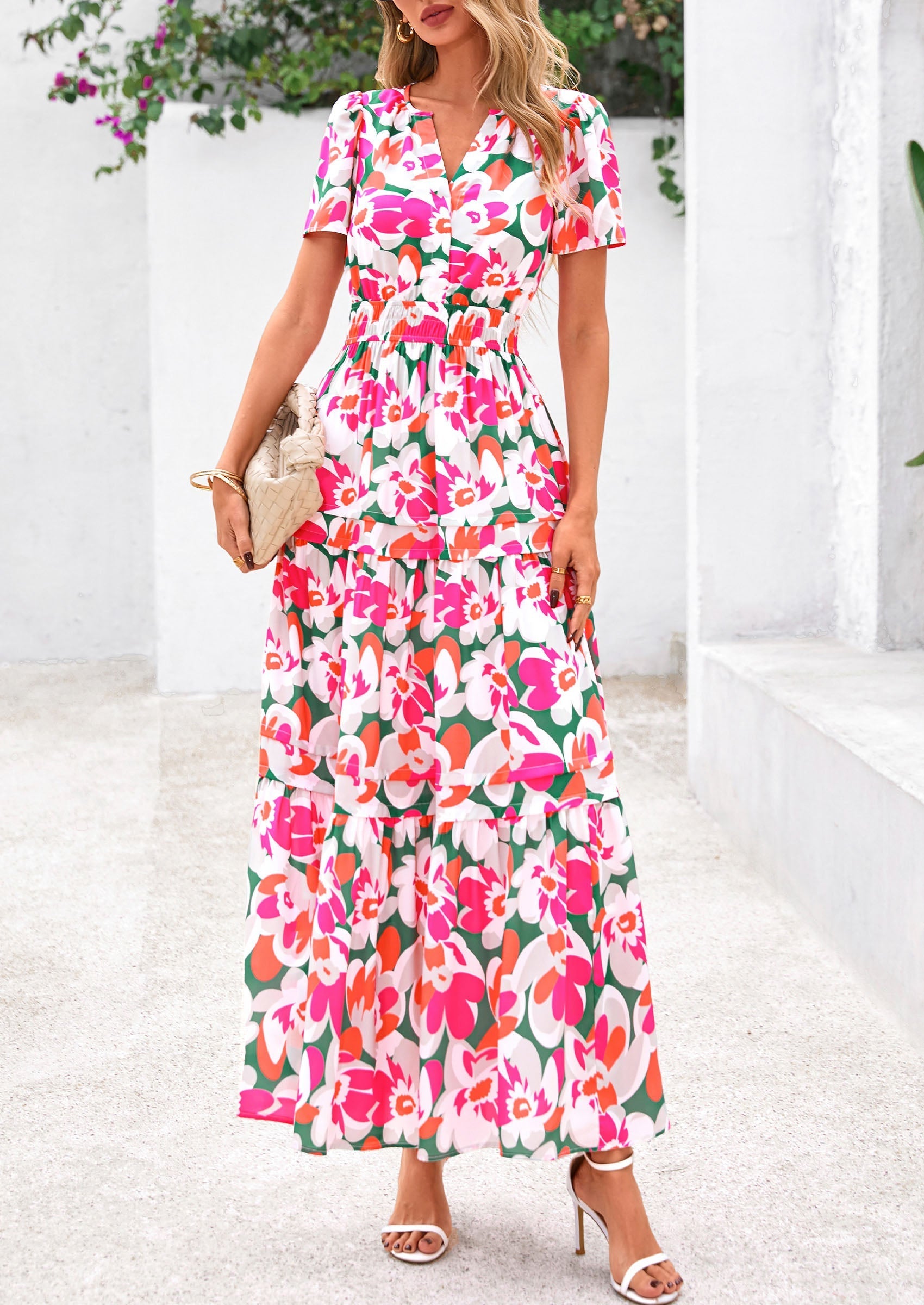 PRETTYGARDEN Women's Boho Maxi Dresses Floral Short Sleeve V Neck A Line Tiered Flowy Long Beach Vacation Dress