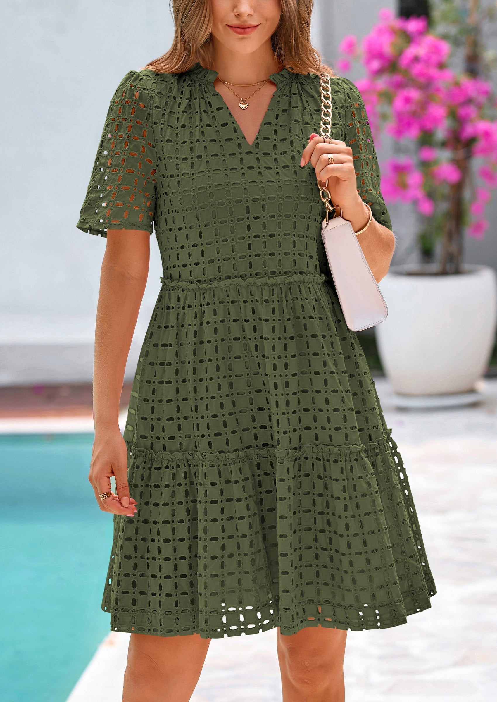 PRETTYGARDEN Women's Short Sleeve Mini Dress Summer V Neck Hollow Out Eyelet Ruffle A Line Swing Short Dresses