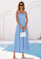 PRETTYGARDEN Womens Sleeveless Maxi Summer Dresses Hollow Out Eyelet Square Neck Ruffle Flowy Beach Vacation Sundress