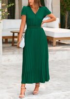PRETTYGARDEN Women's Maxi Dresses Summer Trendy Cap Short Sleeve Button V Neck Casual Flowy Pleated Long Dress
