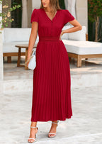 PRETTYGARDEN Women's Maxi Dresses Summer Trendy Cap Short Sleeve Button V Neck Casual Flowy Pleated Long Dress