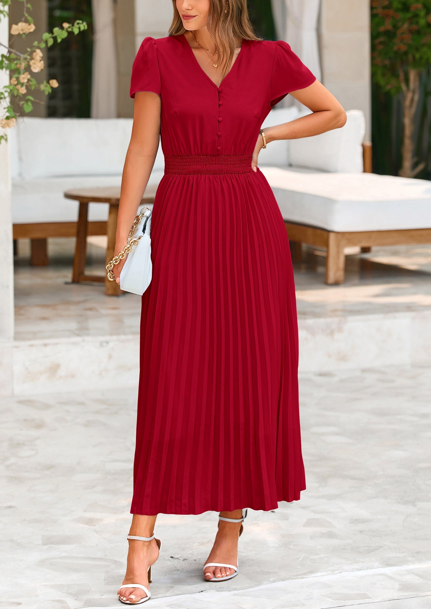 PRETTYGARDEN Women's Maxi Dresses Summer Trendy Cap Short Sleeve Button V Neck Casual Flowy Pleated Long Dress