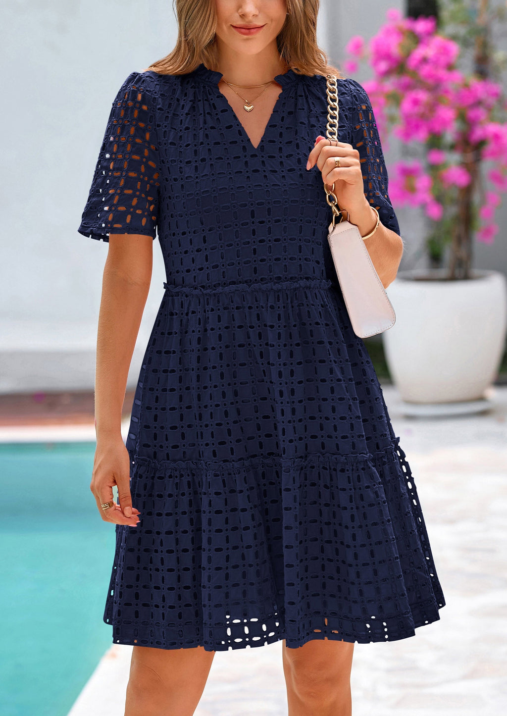 PRETTYGARDEN Women's Short Sleeve Mini Dress Summer V Neck Hollow Out Eyelet Ruffle A Line Swing Short Dresses