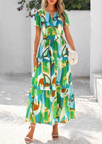 PRETTYGARDEN Women's Boho Maxi Dresses Floral Short Sleeve V Neck A Line Tiered Flowy Long Beach Vacation Dress