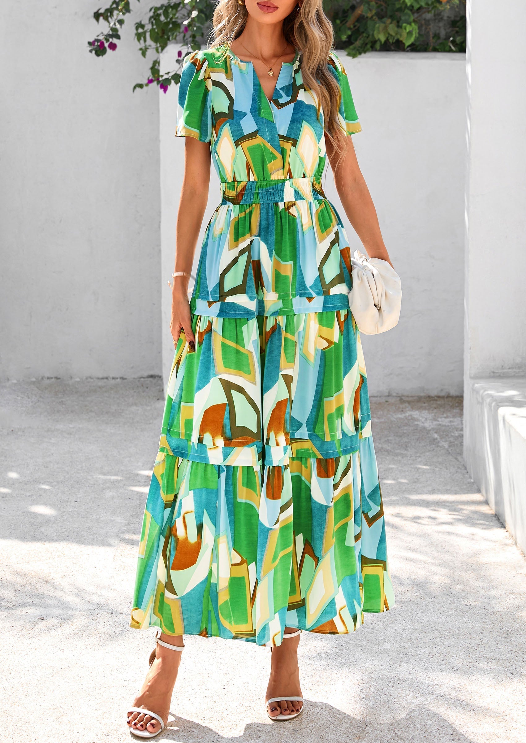 PRETTYGARDEN Women's Boho Maxi Dresses Floral Short Sleeve V Neck A Line Tiered Flowy Long Beach Vacation Dress