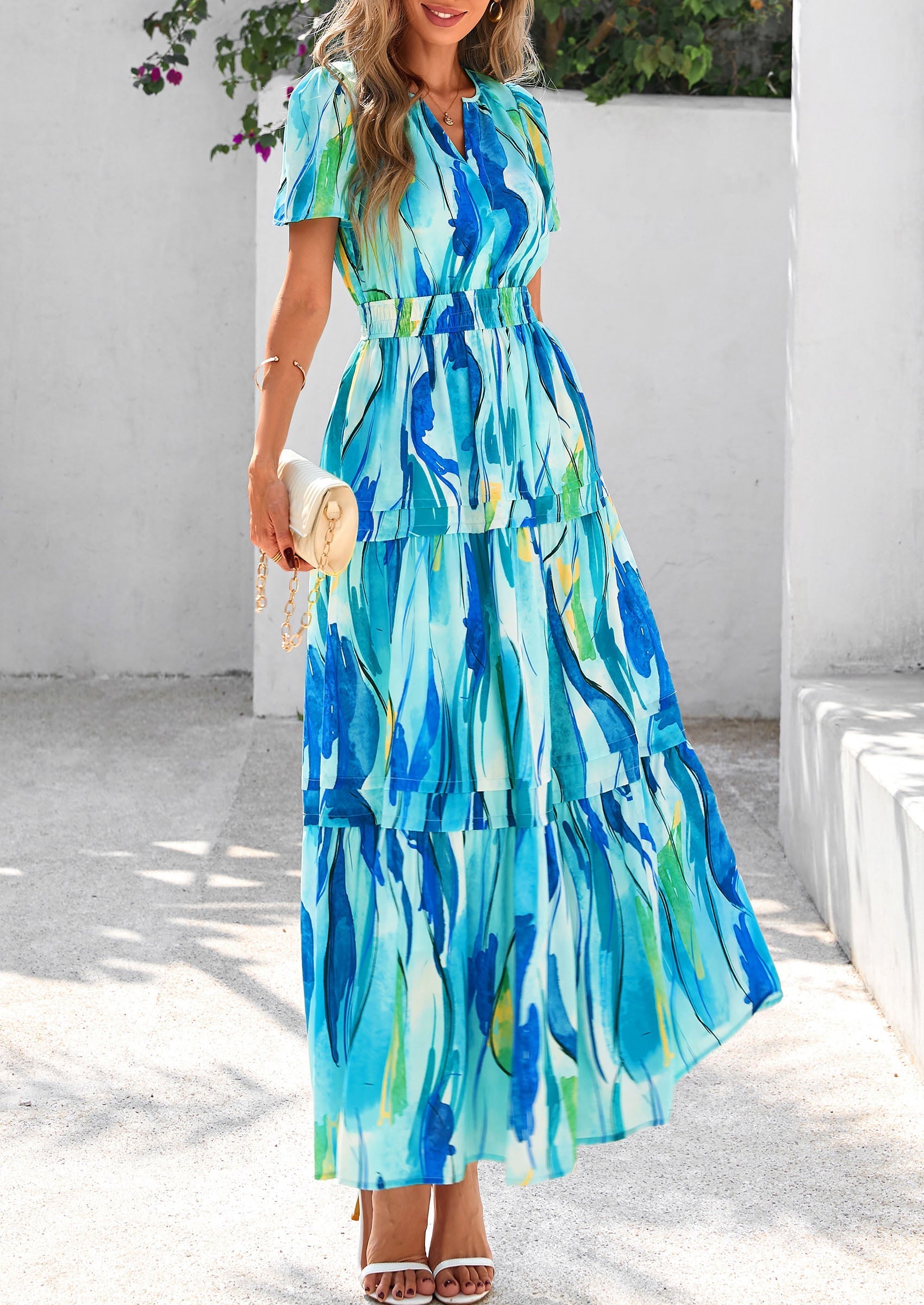 PRETTYGARDEN Women's Boho Maxi Dresses Floral Short Sleeve V Neck A Line Tiered Flowy Long Beach Vacation Dress