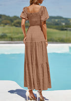 PRETTYGARDEN Womens Summer Puff Short Sleeve Maxi Dress Square Neck Smocked Tiered Ruffle A Line Long Flowy Beach Dresses