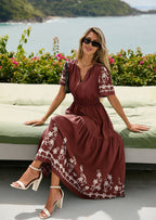 PRETTYGARDEN Women's Summer Boho Maxi Dress Spring Floral Short Sleeve V Neck A Line Flowy Beach Wedding Guest Dresses