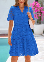 PRETTYGARDEN Women's Short Sleeve Mini Dress Summer V Neck Hollow Out Eyelet Ruffle A Line Swing Short Dresses