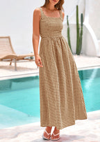 PRETTYGARDEN Women's Summer Spaghetti Strap Maxi Dresses Plaid Square Neck A Line Casual Beach Vacation Long Sundress