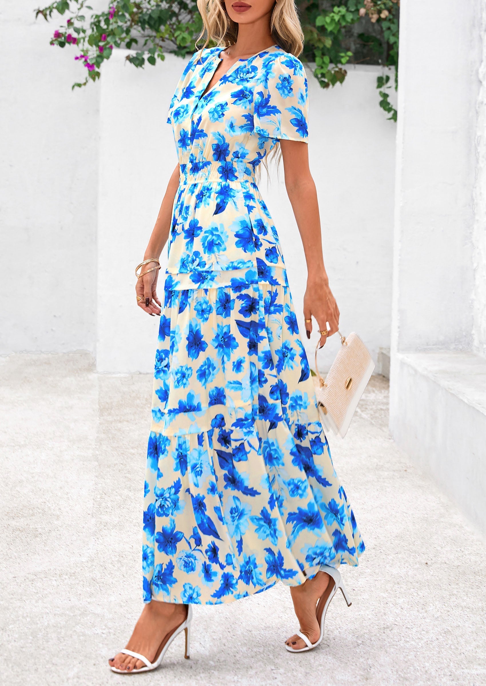 PRETTYGARDEN Women's Boho Maxi Dresses Floral Short Sleeve V Neck A Line Tiered Flowy Long Beach Vacation Dress