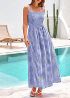 PRETTYGARDEN Women's Summer Spaghetti Strap Maxi Dresses Plaid Square Neck A Line Casual Beach Vacation Long Sundress