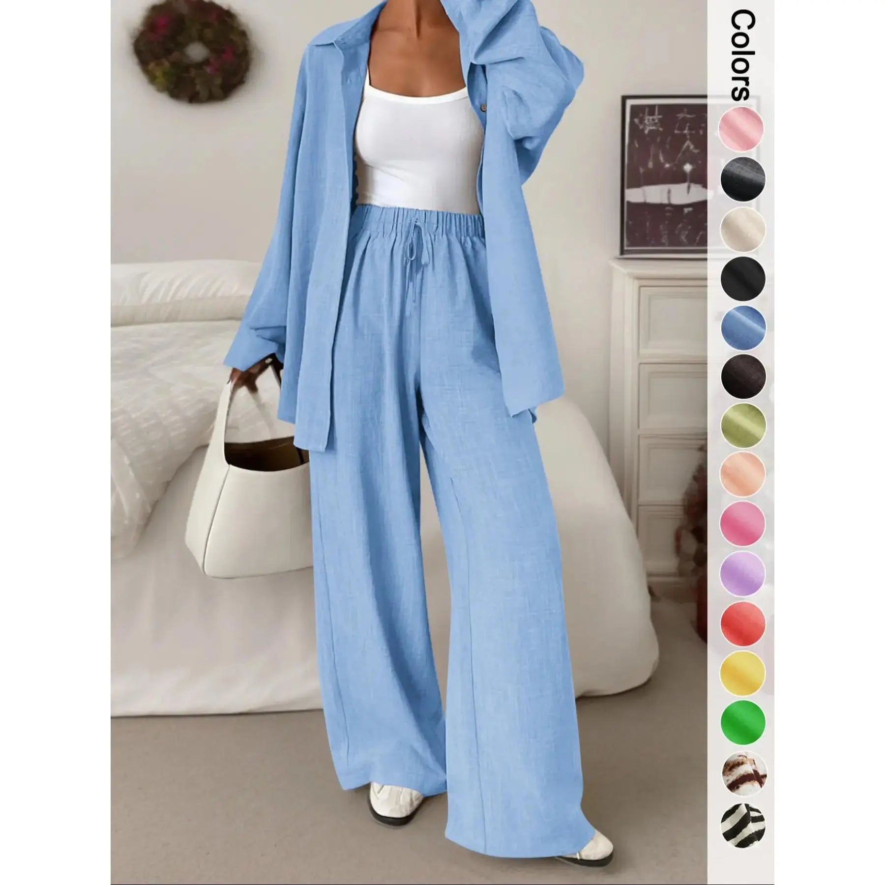 Women's Casual Sporty Shirt and Long Pants Set, Loose Button-Up Top and Wide-Leg Pants Two-Piece Set, Comfortable and Stylish