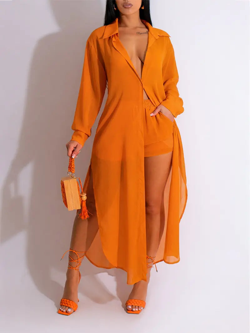 Women's Solid Color Button Front Shirt & Shorts Two-Piece Set