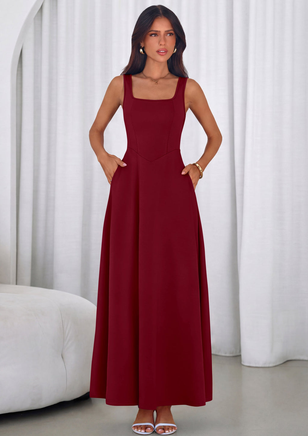 PRETTYGARDEN Womens Summer Dresses Sleeveless Elegant Square Neck Aline Swing Maxi Beach Wedding Guest Dress Pockets